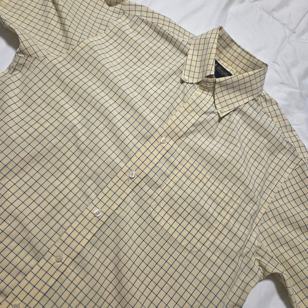 Brooks Brothers Mens Medium Yellow Blue Tattersall Non-Iron Short Sleeve Shirt